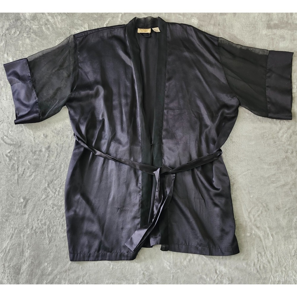Victoria Secret Robe Womens Short Black Vintage Polyester Robe Kimono Belted